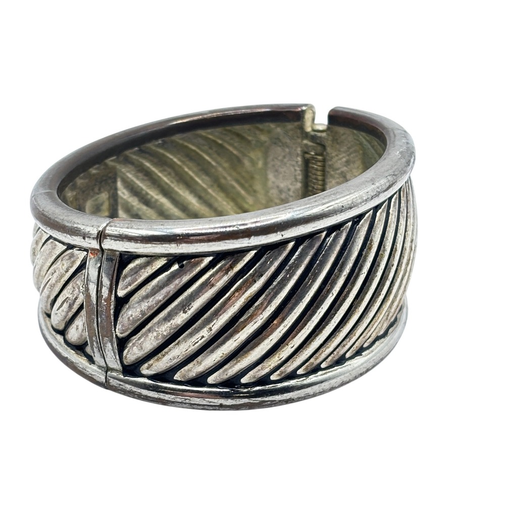 Vintage 80s Cable Clamper Bracelet Chunky Silver Tone Twisted Rope Bangle Cuff